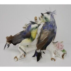 Ardalt Lenwile Porcelain Blue Jays with Real Feathers Figurine #6115 Japan